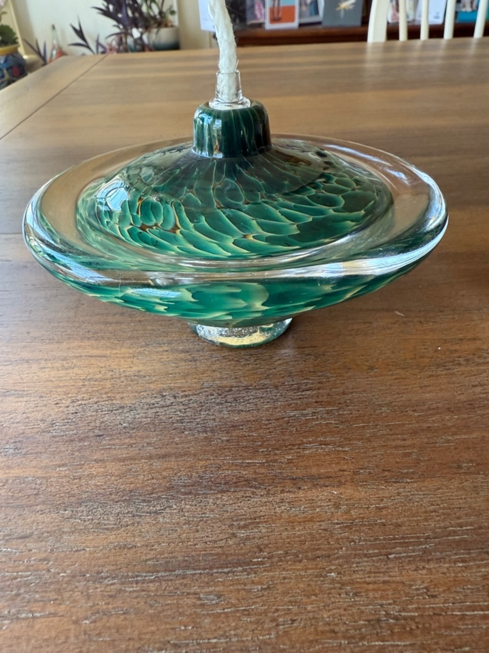 A one of a kind beautiful Handblown Green Glass Oil Lamp with Clear Rim-NWT - Picture 2 of 6